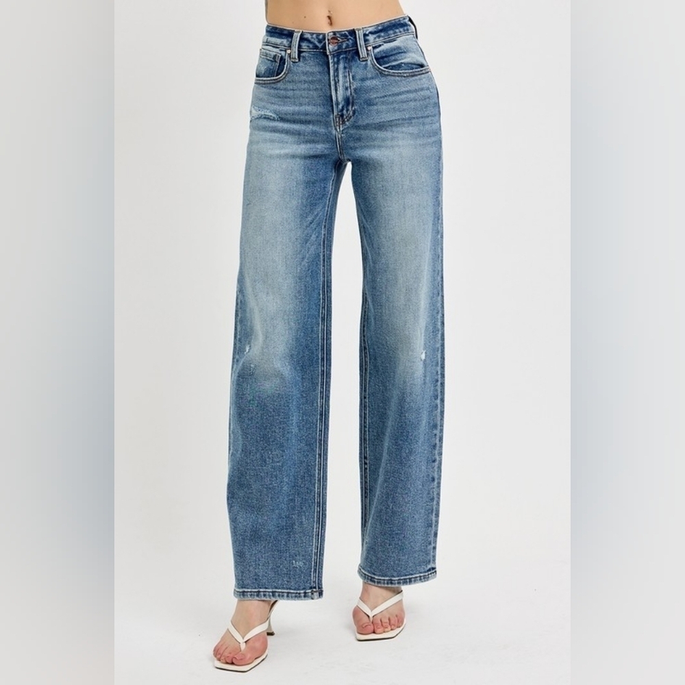 RISEN Women's Wide Leg Jeans Classic Retro Stretch Straight Medium HR 0/24 NEW - Picture 7 of 14